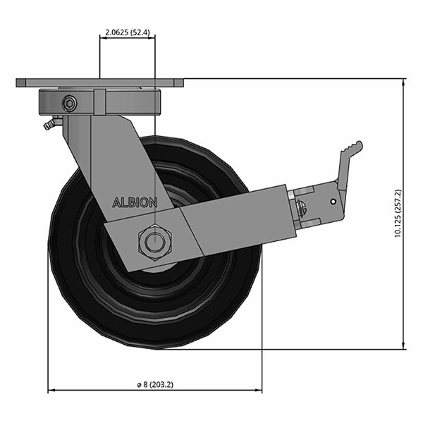 Side view drawing of caster with dimensions